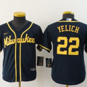 MLB Brewers 22 Christian Yelich Navy 2020 Nike Cool Base Youth Jersey