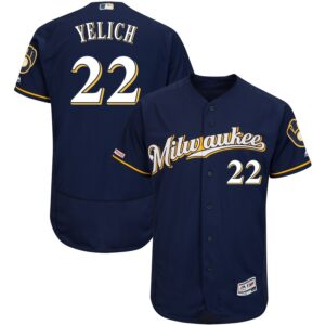 MLB Brewers 22 Christian Yelich Navy 150th Patch Flexbase Men Jersey
