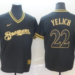 MLB Brewers 22 Christian Yelich Black Gold Nike Cooperstown Legend V Neck Men Jersey