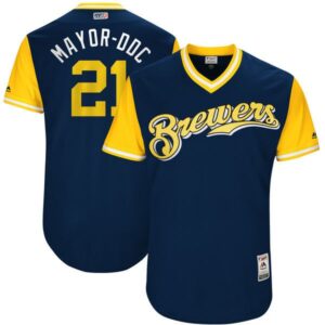 MLB Brewers 21 Travis Shaw Mayor DDC Majestic Navy 2017 Players Weekend Men Jersey