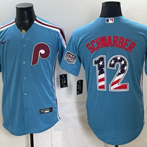 Philadelphia Phillies 12 Schwarber Blue USA 250 Fourth of July Men Jersey
