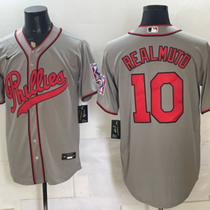 Philadelphia Phillies 10 J.T. Realmuto 2026 Field of Dreams Stadium Grey Men Jersey
