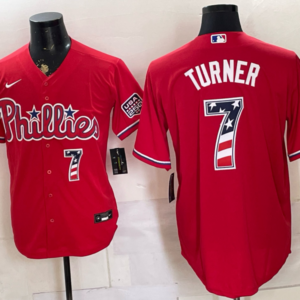 Philadelphia Phillies 7 Trea Turner Red USA 250 Fourth of July Men Jersey