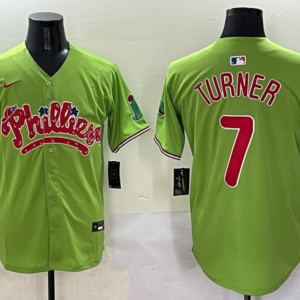 MLB Phillies 7 Trea Turner Green Nike Cool Base Men Jersey