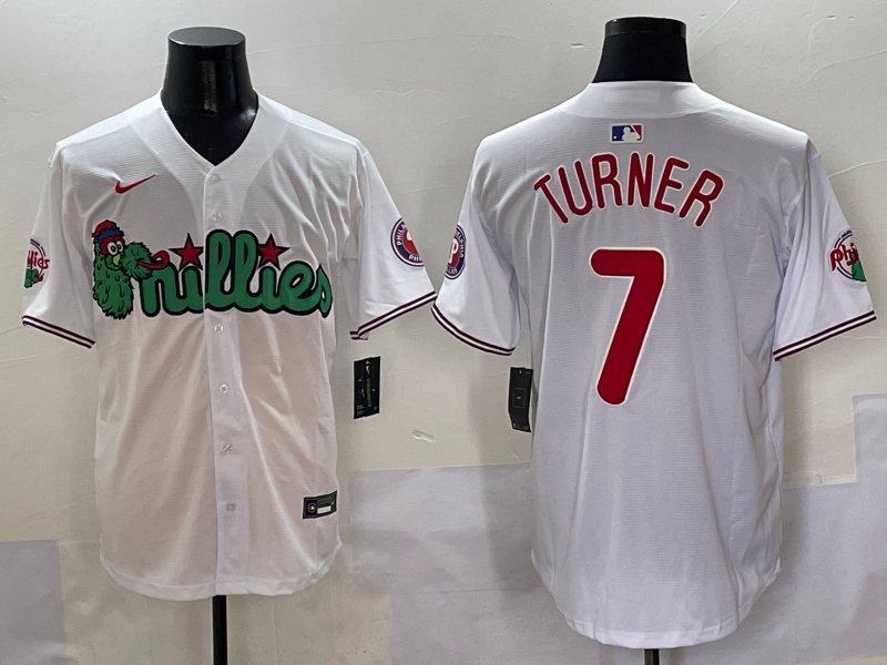 MLB Phillies 7 Trea Turner White Nike Cool Base Men Jersey 2