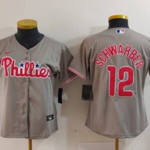 MLB Phillies 12 Kyle Schwarber Grey Nike Cool Base Youth Jersey