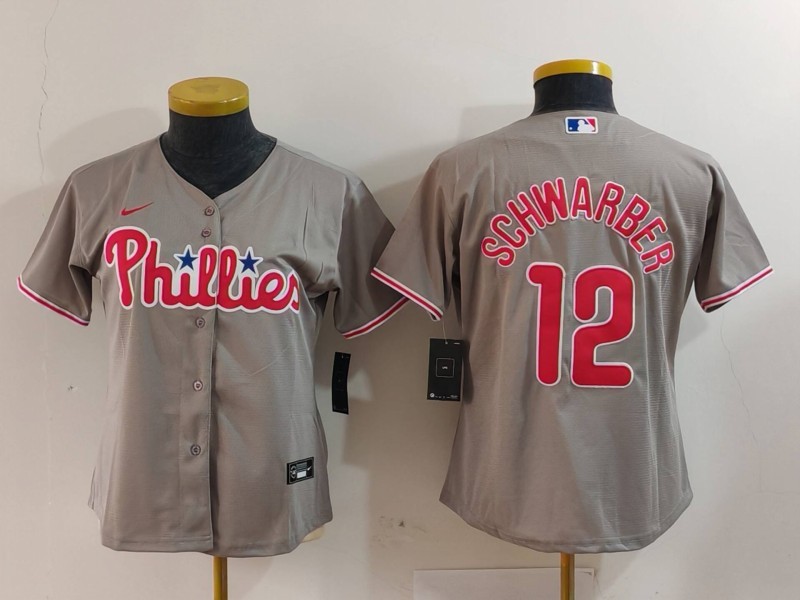 MLB Phillies 12 Kyle Schwarber Grey Nike Cool Base Youth Jersey