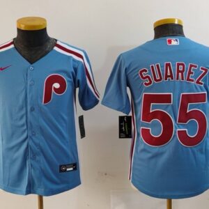 MLB Phillies 55 Suarez Blue Nike Cool Base Youth Jersey
