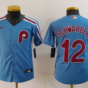 MLB Phillies 12 Kyle Schwarber Blue Nike Cool Base Youth Jersey
