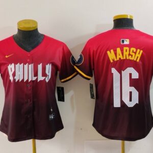 MLB Phillies 16 Brandon Marsh Red 2024 City Connect Nike Cool Base Women Jersey