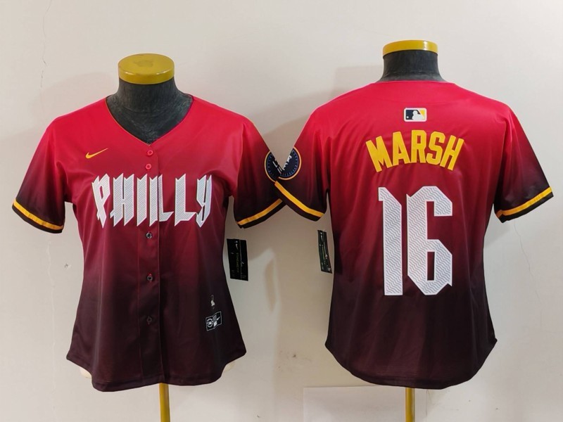 MLB Phillies 16 Brandon Marsh Red 2024 City Connect Nike Cool Base Women Jersey