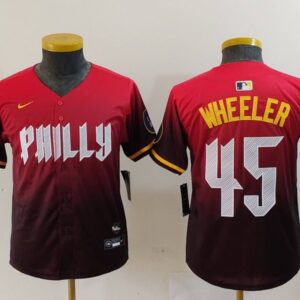 MLB Phillies 45 WHEELER Red 2024 City Connect Nike Cool Base Youth Jersey