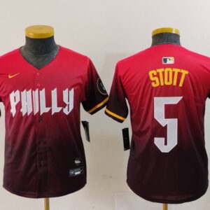 MLB Phillies 5 Bryson Stott Red 2024 City Connect Nike Cool Base Youth Jersey