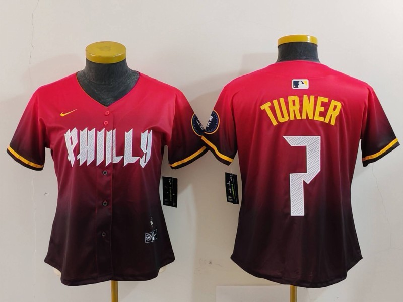 MLB Phillies 7 Trea Turner Red 2024 City Connect Nike Cool Base Women Jersey