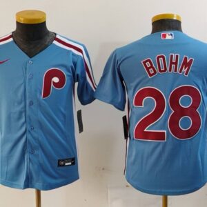 MLB Phillies 28 Alec Bohm Blue Nike Cool Base Youth Jersey