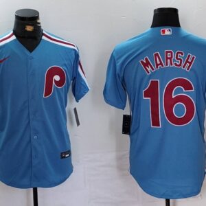 MLB Phillies 16 Brandon Marsh Blue Nike Cool Base Men Jersey