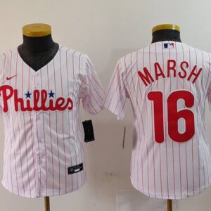 MLB Phillies 16 Brandon Marsh White Nike Cool Base Youth Jersey