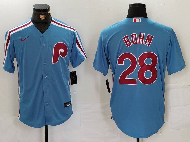 MLB Phillies 28 Alec Bohm Blue Nike Cool Base Men Jersey