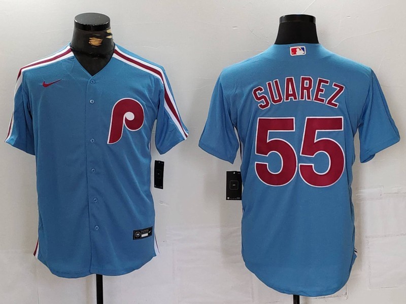 MLB Phillies 55 Suarez Blue Nike Cool Base Men Jersey