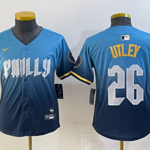 MLB Phillies 26 Utley Blue 2024 City Connect Nike Cool Base Youth Jersey