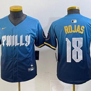 MLB Phillies 18 Rojas Blue 2024 City Connect Nike Cool Base Youth Jersey