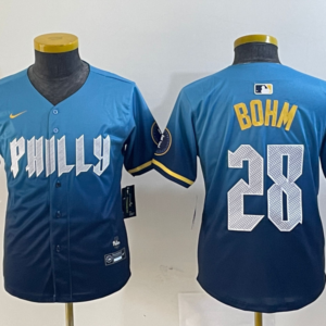 MLB Phillies 28 Bohm Blue City Connect Nike Cool Base Youth Jersey