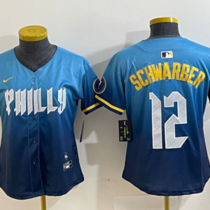 MLB Phillies 12 Kyle Schwarber Blue City Connect Nike Cool Base Women Jersey