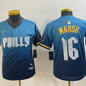 MLB Phillies 16 Brandon Marsh Blue City Connect Nike Cool Base Women Jersey