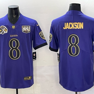 Nike Ravens 8 Lamar Jackson Purple Gold Vapor Limited Men Jersey with Patch