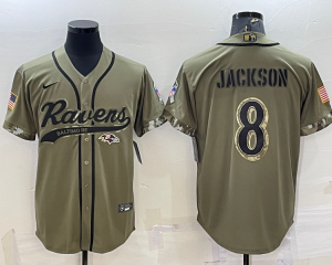 Nike Ravens 8 Lamar Jackson Olive 2022 Salute To Service Baseball Logo Limited Men Jersey