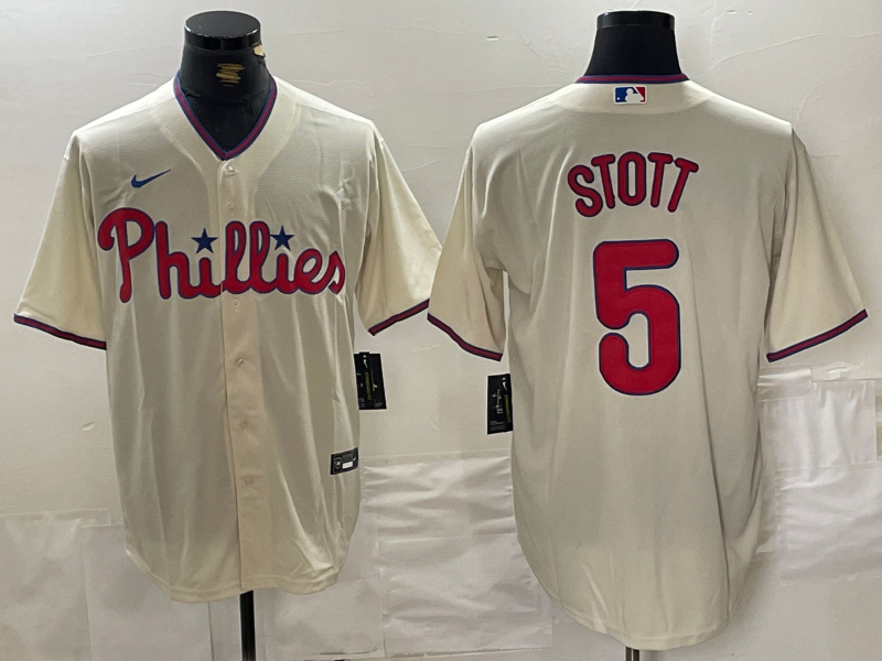 MLB Phillies 5 Bryson Stott Cream Nike Cool Base Men Jersey