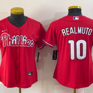 MLB Phillies 10 JT Realmuto Red Nike Cool Base Women Jersey