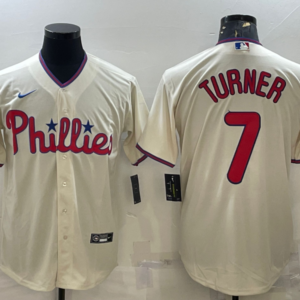 MLB Phillies 7 Trea Turner Cream Nike Cool Base Men Jersey