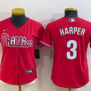 MLB Phillies 3 Bryce Harper Red White Nike Cool Base Women Jersey