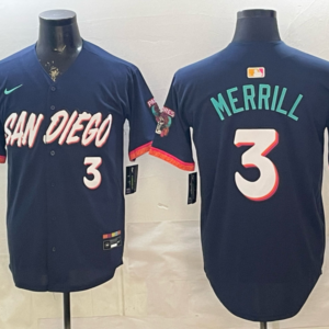 San Diego Padres 3 Merrill Navy 2026 City Connect Cool Base Men Jersey (With Button )