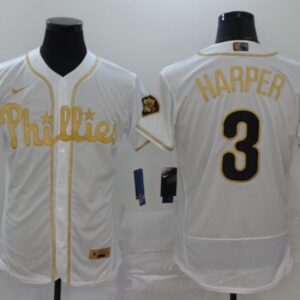 MLB Phillies 3 Bryce Harper White Gold 2020 Nike Flexbase Men Jersey