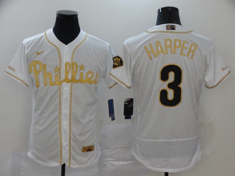 MLB Phillies 3 Bryce Harper White Gold 2020 Nike Flexbase Men Jersey