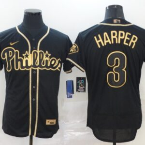 MLB Phillies 3 Bryce Harper Black Gold 2020 Nike Flexbase Men Jersey