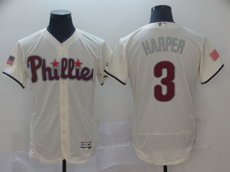 MLB Phillies 3 Bryce Harper Cream Independence Day Flexbase Men Jersey