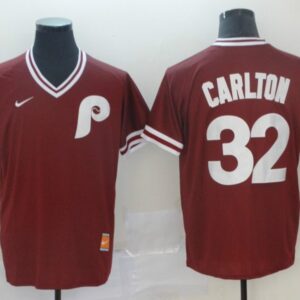 MLB Phillies 32 Steve Carlton Red Nike Cooperstown Collection Legend V-Neck Men Jersey