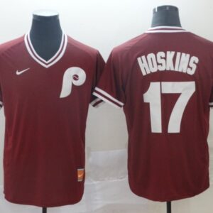 MLB Phillies 17 Rhys Hoskins Red Nike Cooperstown Collection Legend V-Neck Men Jersey