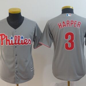 MLB Phillies 3 Bryce Harper Gray Cool Base Youth Jersey