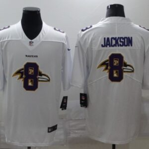 Nike Ravens 8 Lamar Jackson White Shadow Logo Limited Men Jersey