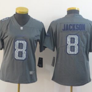 Nike Ravens 8 Lamar Jackson Gray Camo Vapor Untouchable Limited Women Jersey