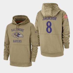 Nike Baltimore Ravens 8 Lamar Jackson 2019 Tan Salute To Service Sideline Therma Performance Pullover Hoodie