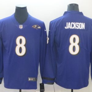 Nike Ravens 8 Lamar Jackson Purple Therma Long Sleeve Jersey