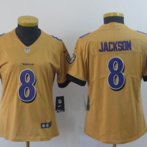 Nike Ravens 8 Lamar Jackson Gold Inverted Legend Women Jersey