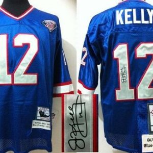 Authentic Mitchell And Ness Autographed Bills No.12 Jim Kelly Blue(35th) Embroidered Throwback Football Jersey Order