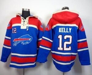 Buffalo Bills No.12 Jim Kelly Royal Blue Sawyer Hooded Sweatshirt Men's Football Jersey