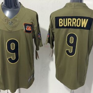 Nike Bengals 9 Joe Burrow Olive 2025 Salute to Service F.U.S.E. Vapor Limited Men Jersey